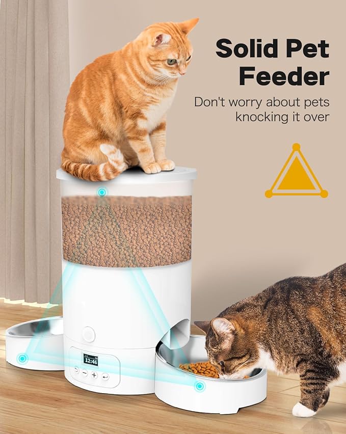 SURDY Automatic Cat Feeder for 2 Cats, 3L Cat Food Dispenser Auto Cat Feeder with 2 Stainless Bowls, 10s Meal Call Dual Power Supply and Timer Setting 12 Portions 6 Meals Per Day for Cats (White, 3L) - PAWPICO