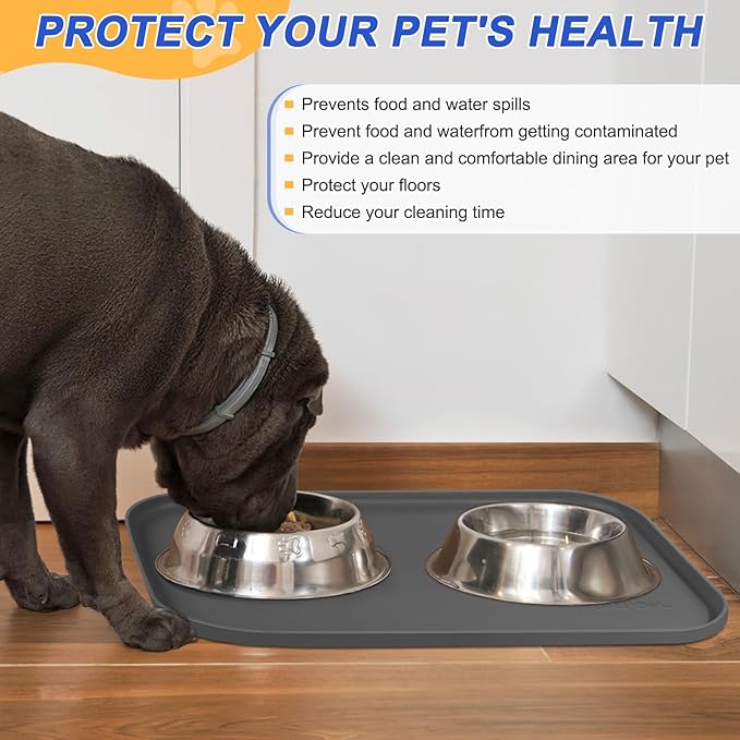 Silicone Pet Feeding Mat with Raised Edge, Dog Cat Bowl Mats for Food and Water, Pet Placemat for Floors Waterproof, 19” x 12” x 0.7” Grey - PAWPICO