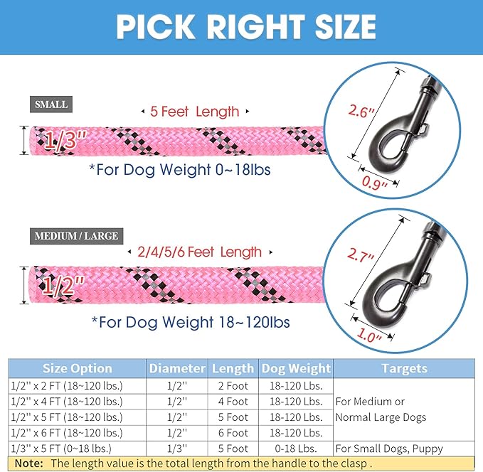BAAPET 2/4/5/6 FT Dog Leash with Comfortable Padded Handle and Highly Reflective Threads for Small Medium and Large Dogs (5FT-1/2'', Pink) BAAPET