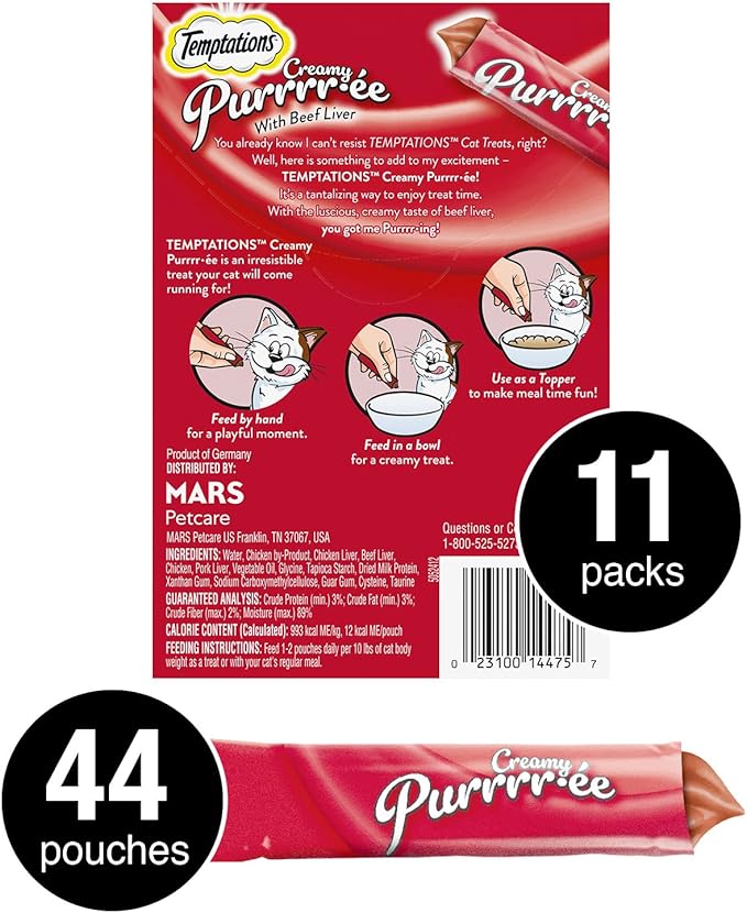 Temptations Creamy Puree with Beef Liver Lickable Cat Treats, 0.42 oz Pouches, 4 Count (Pack of 11) - Total 44 Count Temptations