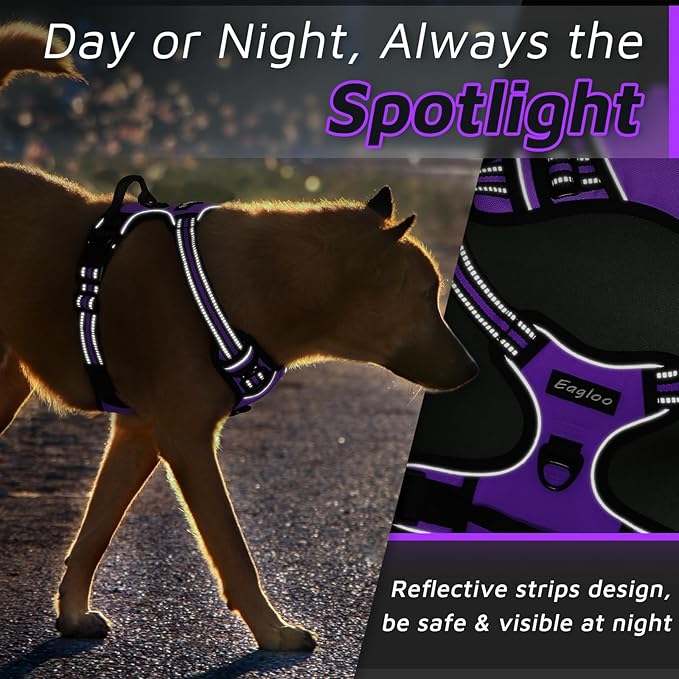 Eagloo Dog Harness Medium Sized Dog, No Pull Service Vest with Reflective Strips and Control Handle, Adjustable and Comfortable for Easy Walking, No Choke Pet Harness with 2 Metal Rings, Purple, M GoExplorewithEagloo