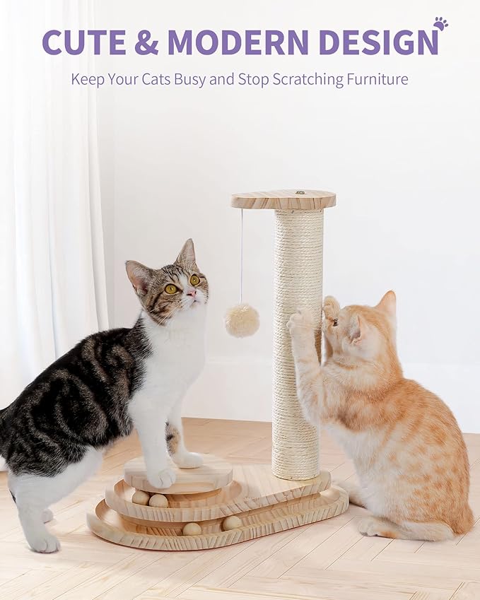 Made4Pets Cat Scratching Post Cat Scratcher Kitten Toys for Indoor Cats Wooden Ball Track Two-Layer Modern Sisal 17.7" Tall Scratch Post Interactive Toy with Dangling Ball - PAWPICO