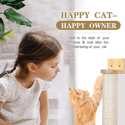 Wall Mounted Cat Scratching Post - 21'' Wooden Sisal Cat Scratcher,Hemp Rope Scratcher Posts for Indoor Cats or Kittens- Cute Modern Wall Mounted Cat Furniture - PAWPICO