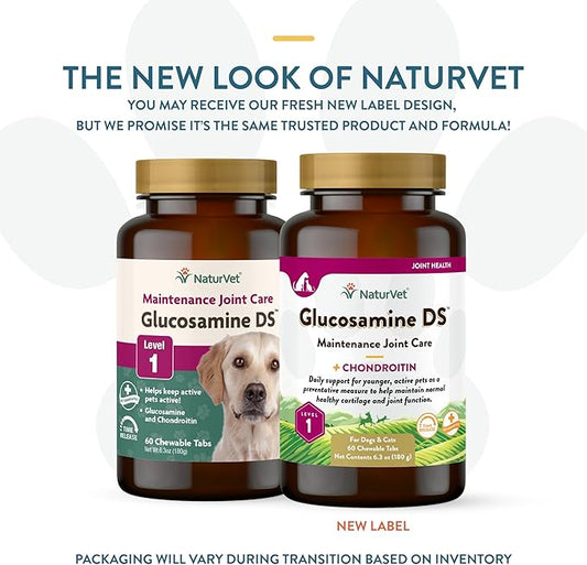 NaturVet Glucosamine DS Level 1 Maintenance Care Hip & Joint Support Pet Supplement for Dogs & Cats –Glucosamine, Chondroitin, Antioxidants –Supports Cartilage, Joint Function – 60 Ct. NaturVet