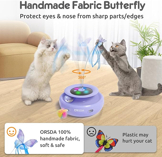 ORSDA Cat Toy, 3-in-1 Automatic Cat Toys for Indoor Cats, Electronic Whack a Mole, Fluttering Butterfly,Track Balls Kitten Toy, Rechargeable Power Interactive Feather Toys for All Breeds - PAWPICO