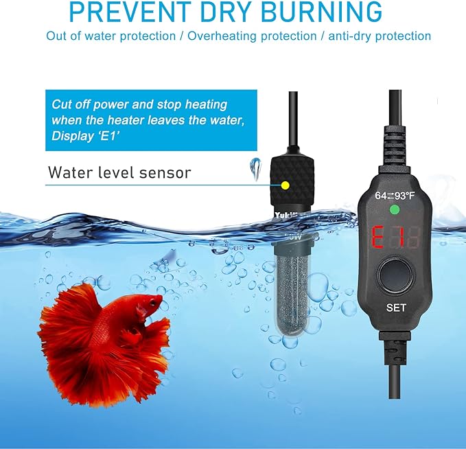 YukiHalu Small Submersible Aquarium Heater, Adjustable Mini Fish Tank Heater 25W 50W 100W 200W 300W with External Temperature Controller, LED Display, Used for 5/10/20/40/60 Gallons (25 Watts) YukiHalu