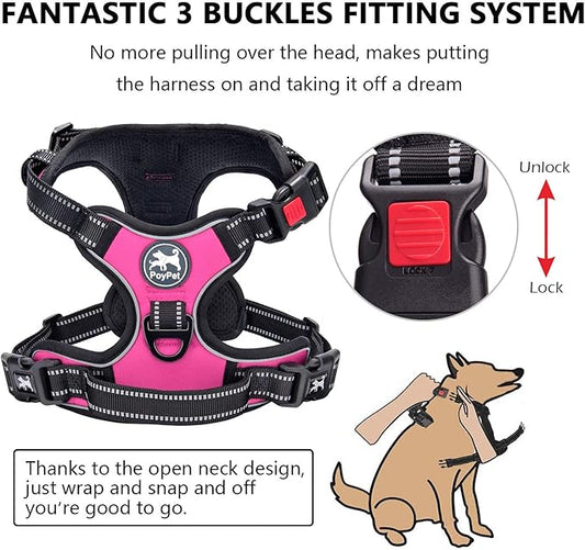 PoyPet No Pull Dog Harness, No Choke Front Clip Dog Reflective Harness, Adjustable Soft Padded Pet Vest with Easy Control Handle for Small to Large Dogs(Pink,M) PoyPet