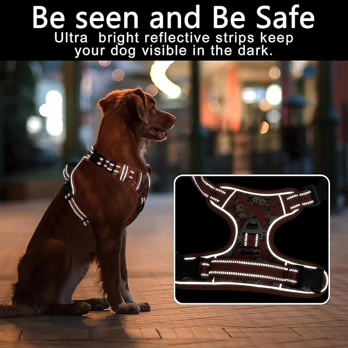Timos Dog Harness for Large Dog, No Pull Service Vest with Reflective Strips and Control Handle,No Choke Dog Harness with 2 Metal Rings for Easy Walking,Outdoor Training,Flower Orange, L Timos