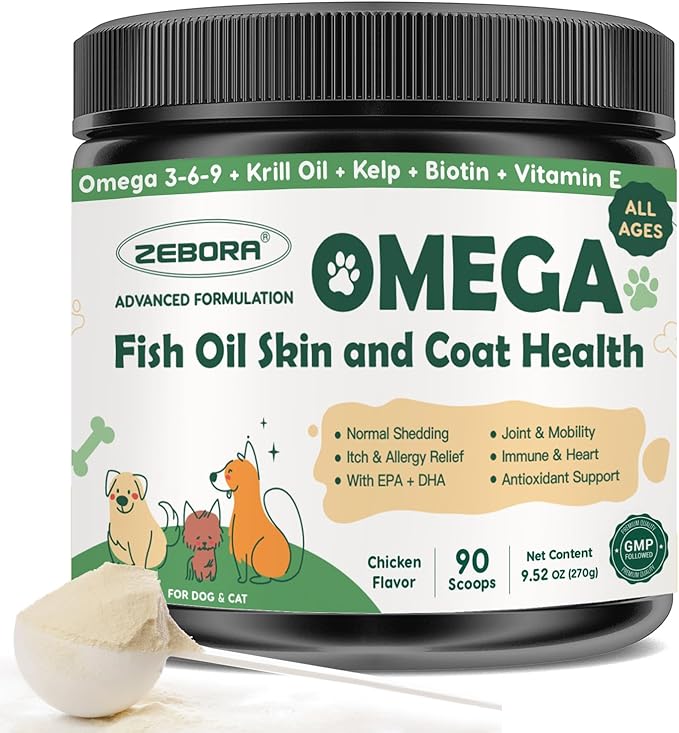 Omega 3 Fish Oil for Dogs, Dog Fish Oil Powder, Wild Caught Fish Oil, EPA&DHA, Krill Oil, Kelp, Dog Skin and Coat Supplement, Anti Itch & Shedding, Support Dry Skin, Joint Health, Dog Allergy Relief ZEBORA