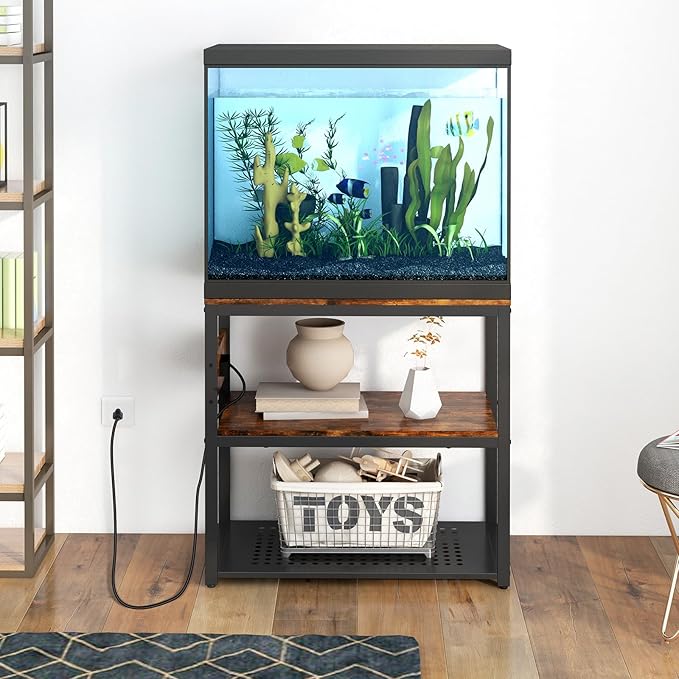 20-29 Gallon Fish Tank Stand With Power Outlets, 3-Tier Metal Aquarium Stand, Breeder Reptile Tank Stand with Shelf for Home Office, 660LBS Capacity, 29.5 x 15.8 x 30.1 inches Livofloral