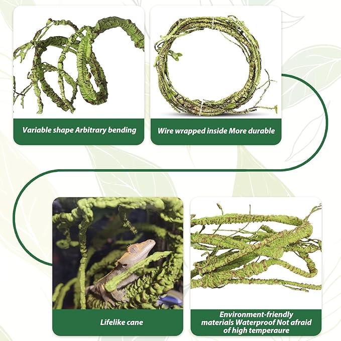 PINVNBY 10 PCS Reptile Plants Vine, Terrarium Hanging Flexible Climbing Artificial Leaves Reptile Hide, Bearded Dragon Tank Accessories, Terrarium Decor for Leopard Gecko Lizard Snake Geckos PINVNBY