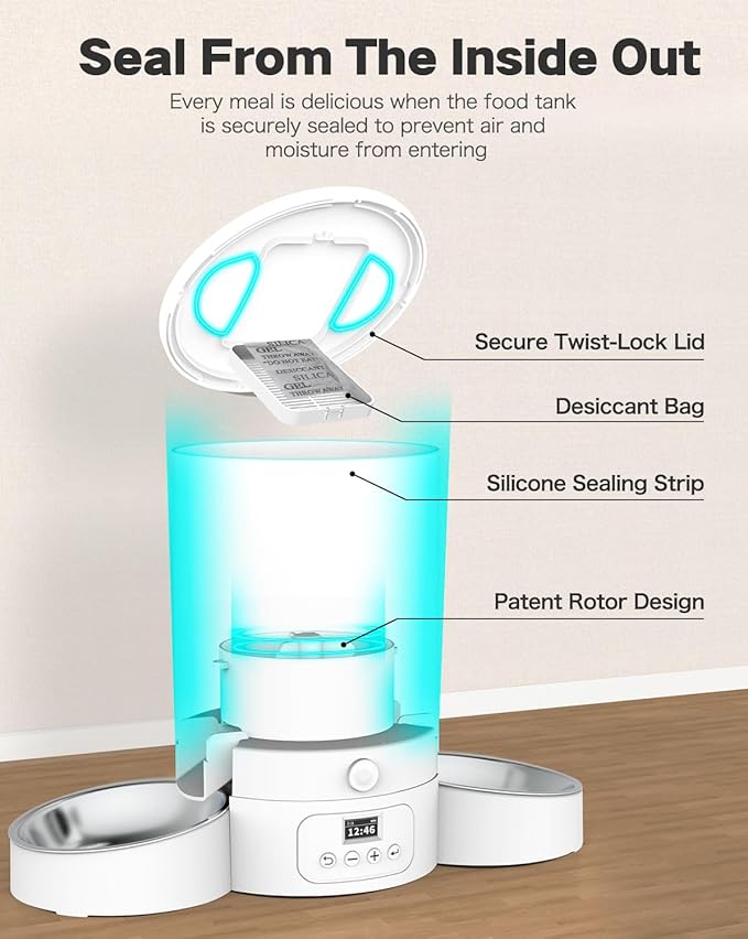 SURDY Automatic Cat Feeder for 2 Cats, 3L Cat Food Dispenser Auto Cat Feeder with 2 Stainless Bowls, 10s Meal Call Dual Power Supply and Timer Setting 12 Portions 6 Meals Per Day for Cats (White, 3L) - PAWPICO