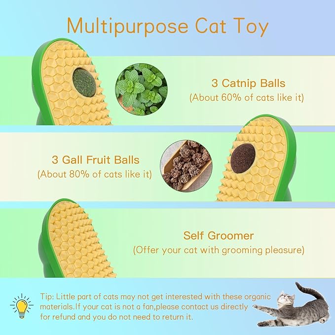 SEVENKA 2 Cat Toys Self-Grooming Cat Brush with 3 Catnip Balls & 3 Gall Fruit, Kitty Kitten Scratcher Self Groomer Catnip Toys for Indoor Cats, Chew Toys Wall Corner Brushes Edible Wall Treats, Yellow - PAWPICO