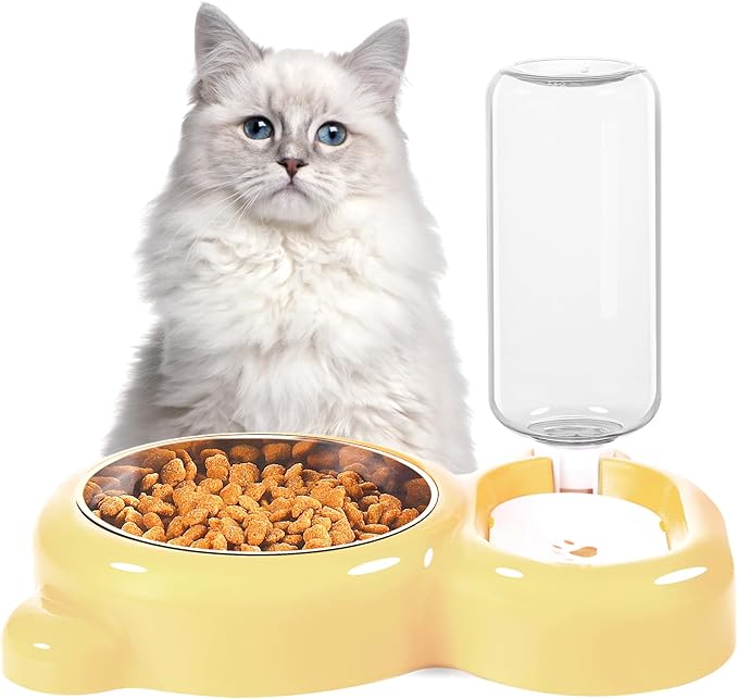 Dog Bowls, Cat Food and Water Bowl Set with Water Dispenser and Stainless Steel Bowl for Cats and Small Dogs - Yellow - PAWPICO