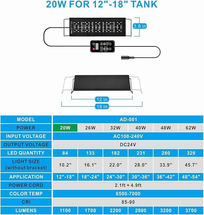 Advanced 7-Row LED Aquarium Light, Easy Setup Controller, Auto On Off Full Spectrum Fish Tank Light, 24/7 Lighting Cycle, 8 Colors, 10 Level Dimming, 20W for 12"-18" Freshwater Planted Tank Alidou