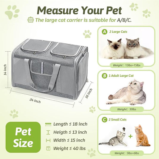 Sedioso Extra Large Cat Carrier for 2 Cats, 24x 14x 16in Pet Carrier for Cat and Dog Up to 40lbs, All-Sided Large Mesh Cat Carrier with Great Ventilation, Portable Soft Sided Pet Carrier for Traveling - PAWPICO