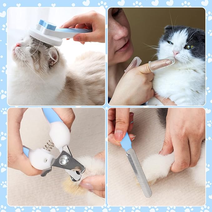 VCZONE 8 Pcs Cat Brush Grooming Kits, Pet Self Cleaning Kit with Pet Nail Clipper and File, Flea Comb, Pet Shampoo Bath Brush, Pet Shedding Brush, Silicone Toothbrush (Blue) - PAWPICO
