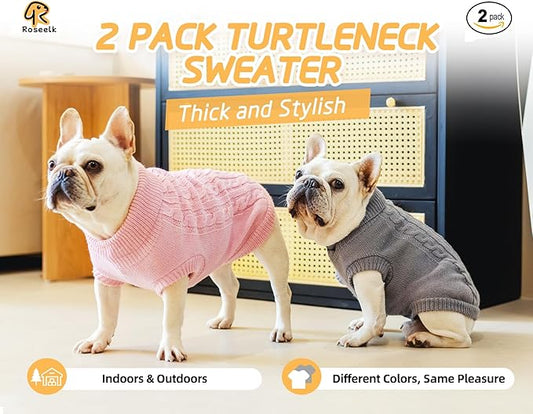 2 Pack Dog Sweaters for Small Dogs - Puppy Medium/Large Size Warm Clothes Winter, Turtleneck Pullover Design for Male Girl Pet, Doggie, Kitten Chihuahua Bulldog Pug Beagles (XL, Grey. Pink) - PAWPICO