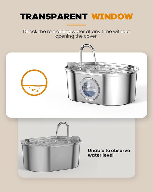 Cat Water Fountain Stainless Steel: with 6 Carbon Filter + 3 Sponge - 108oz/3.2L pet Water Fountain - Water Fountain for Cats Inside with Water Level Window Quiet Pump Faucet cat Fountain - SOOFPET - PAWPICO