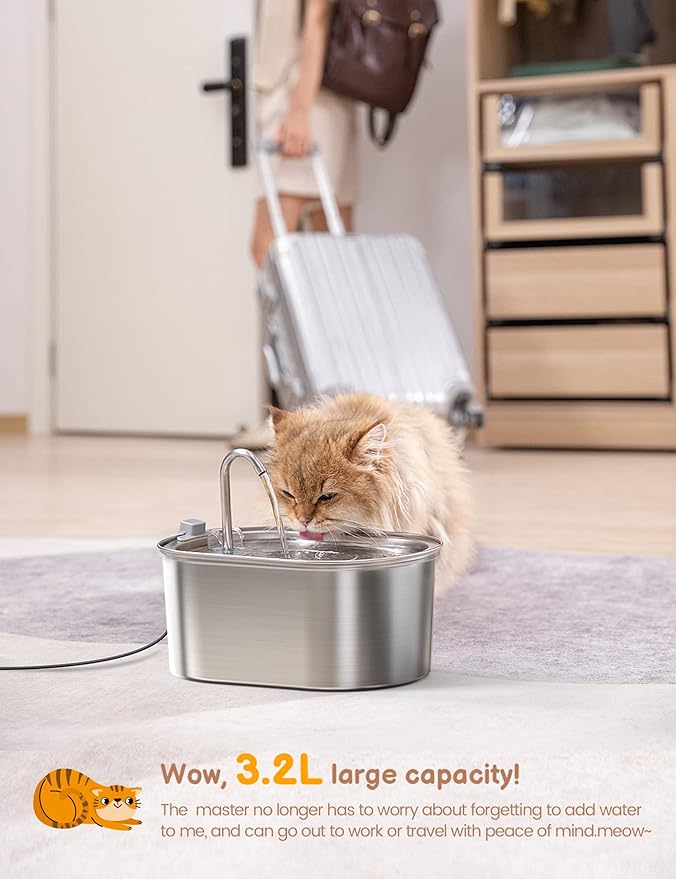 SOOFPET Cat Water Fountain: with 6pcs Carbon Filter + 3pcs Sponge - 108oz/3,2L Pet Water Fountain Stainless Steel - Cat Fountains for Drinking with Quiet Pump Dishwasher Safe Design Faucet-Shaped - PAWPICO