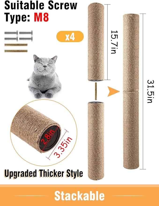 4Pcs 15.7" × 3.3" Cat Scratching Post Replacement- Durable Cat Tree Scratch Post Refill Pole Parts with M8 Screws- Hemp Rope Scratcher Posts Cat Furniture Accessories for Kittens Cat Tree Tower - PAWPICO