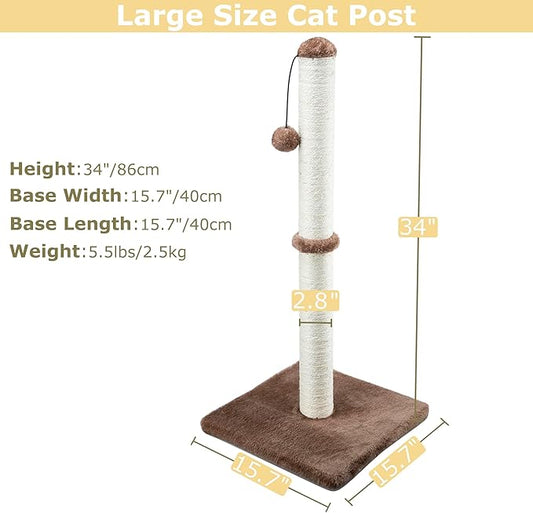 Dimaka 34" Tall Cat Scratching Post for Large Cats and Kittens, High Vertical Scratcher with Premium Natural Sisal Rope and Interactive Hanging Ball for Indoor Cats (Dark Brown, 34 inches) - PAWPICO