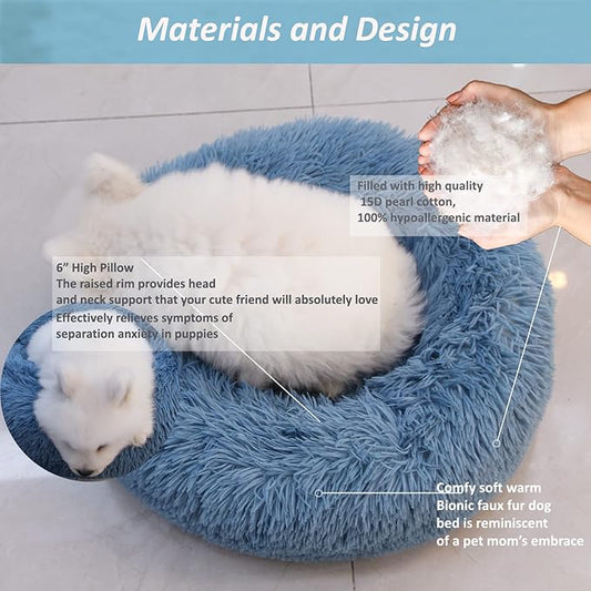 Comfy Calming Dogs Bed for Deep Sleep Small Puppy ,Puppy Bed with Fluffy Donut is for Anxiety Small Dogs,19" Round Soft Faux Fur Pet Bed for Small Dogs Under 15 lbs Machine Washable Blue - PAWPICO