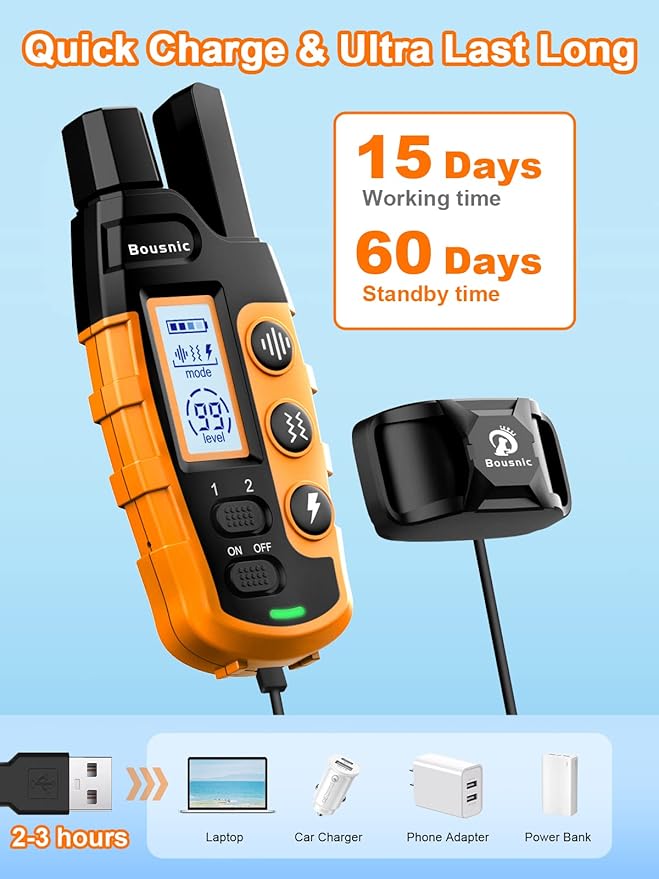 BOUSNIC Dog Shock Collar 2 Dogs (5-120Lbs) - 3300 ft Waterproof Training Collar for Dogs Large Medium Small with Rechargeable Remote, Beep (1-8) Vibration (1-16) and Humane Shock (1-99) Modes - PAWPICO