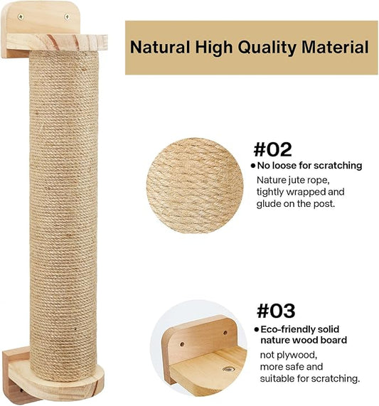 Wall Mounted Cat Scratching Posts for Cats and Kittens - Indoor Cat Activity Tree with Jute Rope Scratcher, Solid Wood Cat Wall Furniture - PAWPICO
