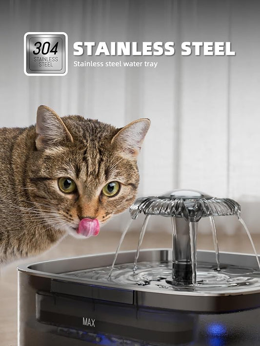 Cat Water Fountain: 75oz/2.2L Automatic Pet Water Dispenser for Cats, 304 Stainless Steel Water Tray, Cat Water Bowl Dispenser, Super Silent Pet Water Fountain for Cats Inside, Pump with LED Light - PAWPICO