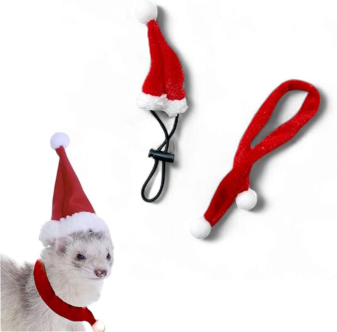 Ferret Hat and Adjustable Scarf Set, Small Christmas Hats for Pets Cute Collar for Ferrets Chinchilla Squirrel Bunny Rabbit Kitten, Guinea Pig Christmas Outfit, Ferret Accessories Costume (Christmas) HomedyCrafts