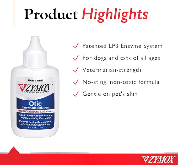 Zymox Otic Enzymatic Solution for Dogs and Cats to Soothe Ear Infections with 1% Hydrocortisone for Itch Relief, 1.25oz ZYMOX