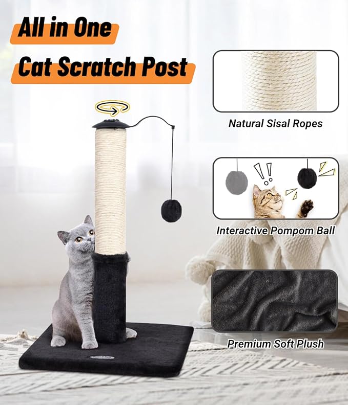 Happi N Pets 22" Cat Scratching Post, Natural Sisal Scratchers Trees for Indoor Cats, Featuring with Rotatable Hanging Balls & Stable Base, Cat Scratch Posts for Kittens-Smoky Gray - PAWPICO
