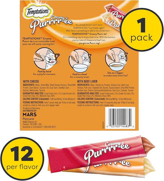 Temptations Creamy Puree with Beef Liver and Cheese, Variety Pack of Lickable, Squeezable Cat Treats, 0.42 oz Pouches, 24 Count Temptations