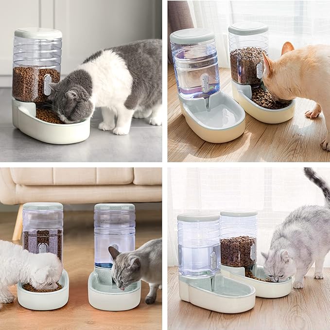 Automatic Dog Cat Feeder and Water Dispenser Gravity Food Feeder and Waterer Set with Pet Food Bowl for Small Medium Dog Puppy Kitten, Large Capacity 1 Gallon x 2(Grey) - PAWPICO