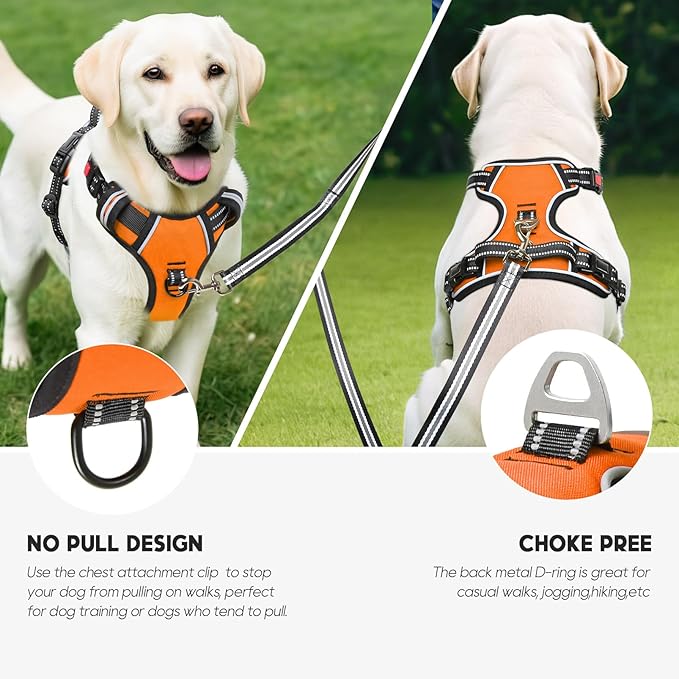 Timos Dog Harness Medium Sized, No Pull Dog Harness with Neck Lockable Snap,No Choke Front Clip Dog Reflective Harness,Adjustable Metal Rings 3 Buckles,Easy Control Handle for Medium Dogs Orange M Timos