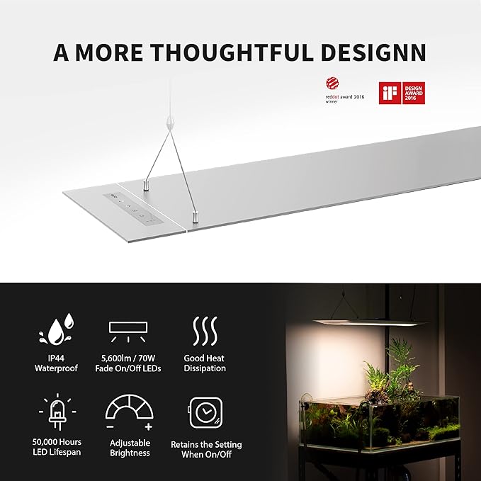 ONF Flat One+ 24-inch 24/7 Automated LED Aquarium Light, 3000-6500K Yellow White LED, Mobile APP Remote Controlled, Dimmable Full Spectrum Sunrise/Set for Plant Growth, Pendant Style for Fish Tank ONF