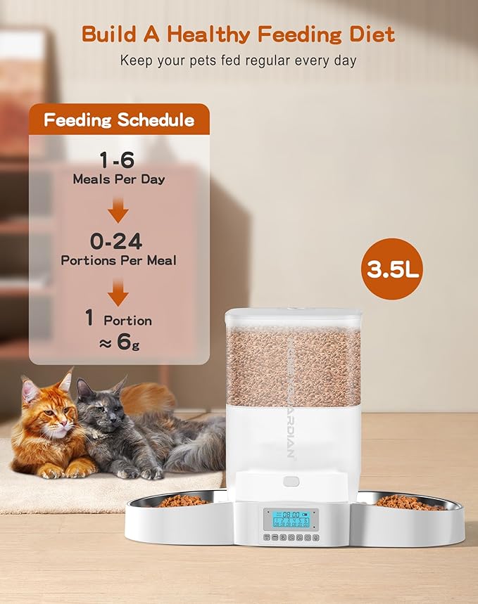 HoneyGuaridan Automatic Cat Feeder for Two Cats,3.5L Cat Food Dispenser with Stainless Steel Bowl,Timed Cat Feeder Programmable 1-6 Meals Control, Dual Power Supply,Desiccant Bag,10s Meal Call Whit - PAWPICO