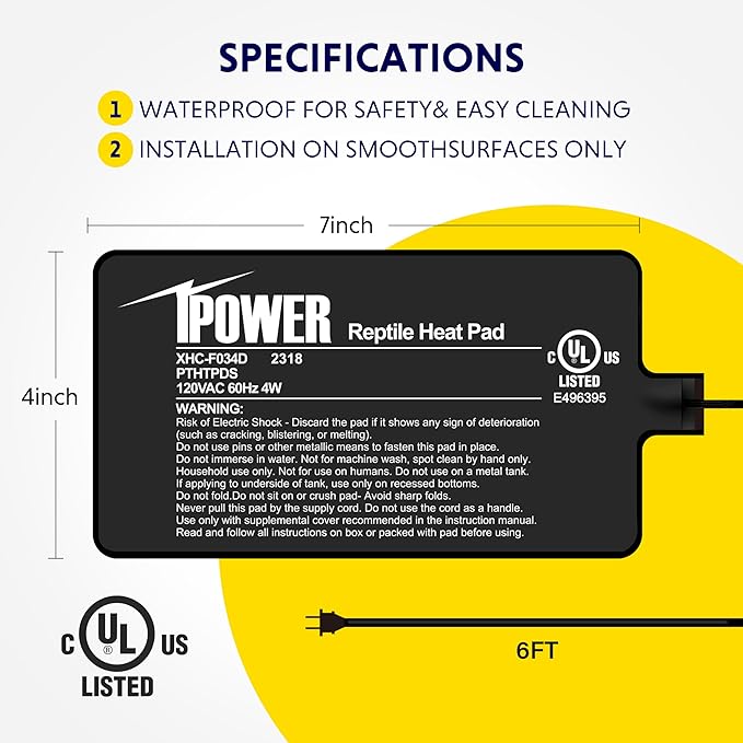 iPower 4X7 Inch Reptile Heat Pad Under Tank Heater Terrarium Warmer Heating Mat for Turtles Lizards Frogs and Other Small Animals iPower
