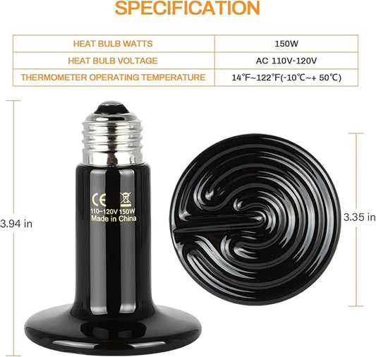 Simple Deluxe 150W Ceramic Heat Lamp Reptile Heat Emitter Heater Lamp Bulb No Light with Free Digital-Thermometer, for Pet Brooder Coop Chicken, Dragon Turtle Lizard Snake Aquarium Tank SimpleDeluxe