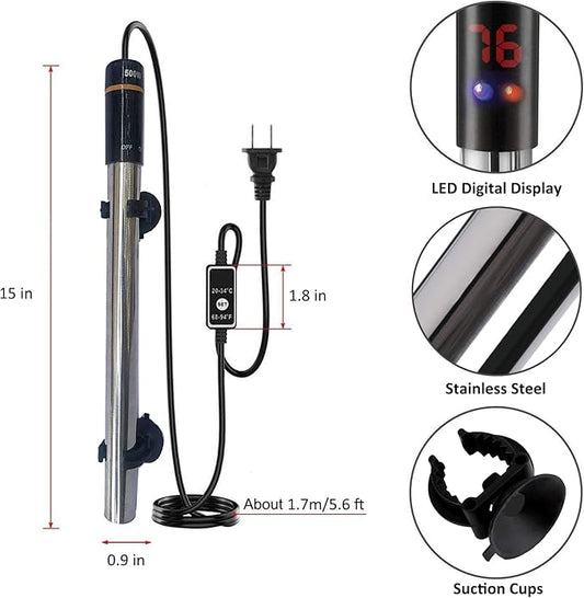 Aquarium Heater, 500W Submersible Fish Tank Heater Underwater Turtle Water Warmer for 40-90 Gallon Tank with with Intelligent LED Temperature Display and External Temperature Controller ZHGSERVU