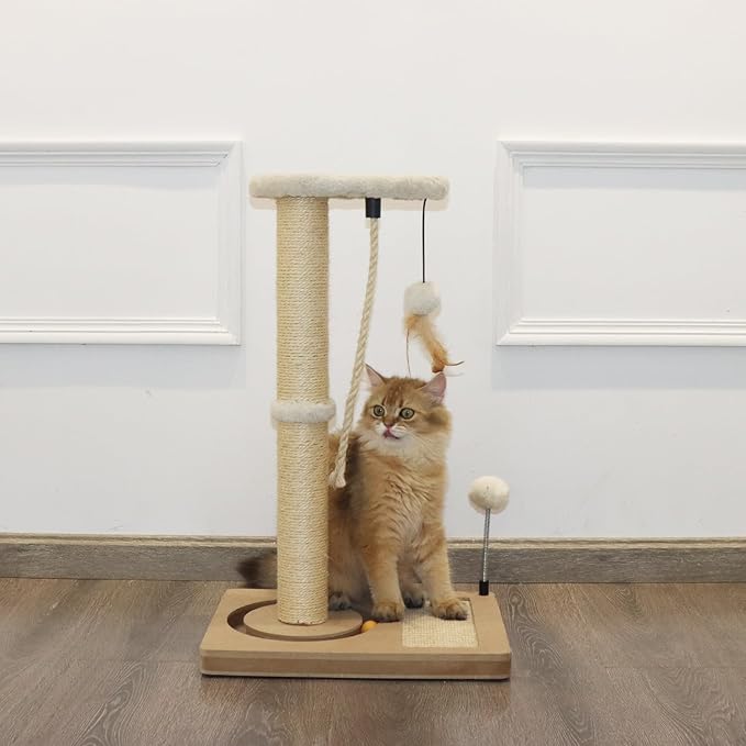 PAWSFANS Cat Scratching Post,Sisal Scratch Posts with Track Ball Feather Toy for Indoor Cats and Kittens,25" Tall Beige - PAWPICO
