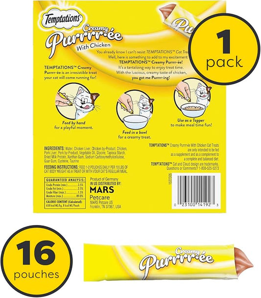 Temptations Creamy Puree with Chicken Lickable, Squeezable Cat Treats, 0.42 Oz Pouches, 16 Count (pack of 1) Temptations