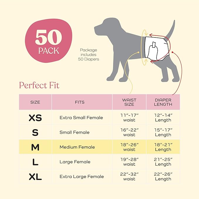 Comfortable Female Dog Diapers - 50-Pack Super Absorbent Disposable Doggie Diapers - FlashDry Gel Technology & Wetness Indicator - Leakproof Diapers for Dogs in Heat, Excitable Urination, Incontinence - PAWPICO