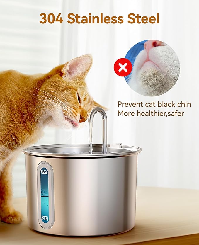 oneisall Stainless Steel Cat Water Fountain, 2L Water Fountains for Cats Indoor Dishwasher Safe with Quiet Pump and 3 Replacement Filters, Automatic Pet Water Fountain Faucet Spout Design - PAWPICO