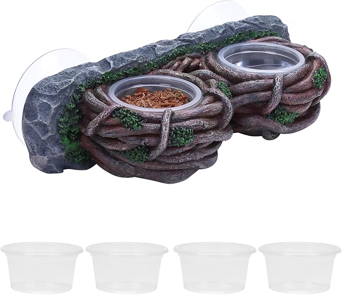 AIICIOO Crested Gecko Feeding Ledge Double Bowl Reptile Vine Food Ledge with 4 PCS Cup Corner Water Bowl for Lizard Snake Bearded Dragon Frog Turtle Terrarium Tank Decor AIICIOO