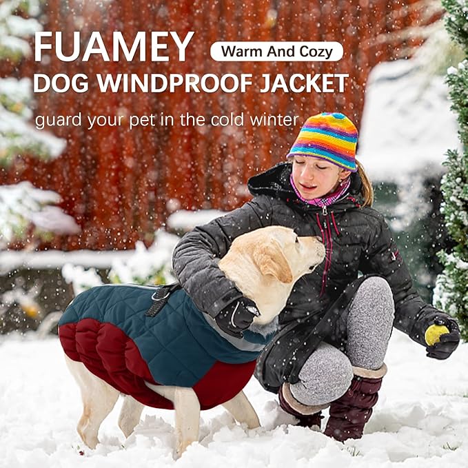 FUAMEY Dog Winter Jacket,Dog Cold Weather Coats Paded Dog Vest with Harness Built in Pet Warm Clothes Dog Apparel with Back Zipper Dog Water Resistant Coat for Small Medium Large Dogs Dark Blue XL - PAWPICO