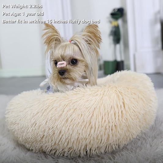 Tiny Dog Bed Extra Small Washable 15 inches Beige Donut Soft Small Dog Bed,Calming Anti Anxiety Round Fits up to 5 lbs Warm Comfort Pets Beds for Puppy Dogs Indoor - PAWPICO