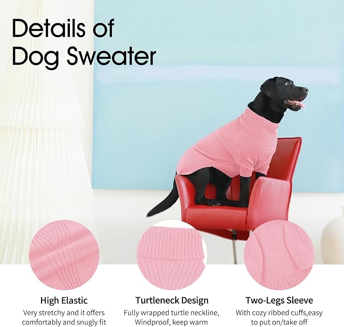 IECOii XXL Dog Sweater,Knit Big Dog Sweater Christmas,Pet Turtleneck Doggy Sweatshirt for Extra Large Dogs boy Girl,Large Size Dog Cold Weather Outfit English Bulldog Clothes for Winter(Pink,XXL) - PAWPICO