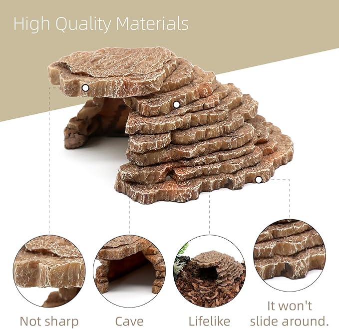 Gecko Hide Shale Scape Step Ledge, Reptile Cave Hideout Tank Accessories Decorations, Great for Reptiles, Amphibians, Leopard Gecko, Lizard, Frogs, Turtle (Small-7.3 * 4.4 * 3) relaqcc